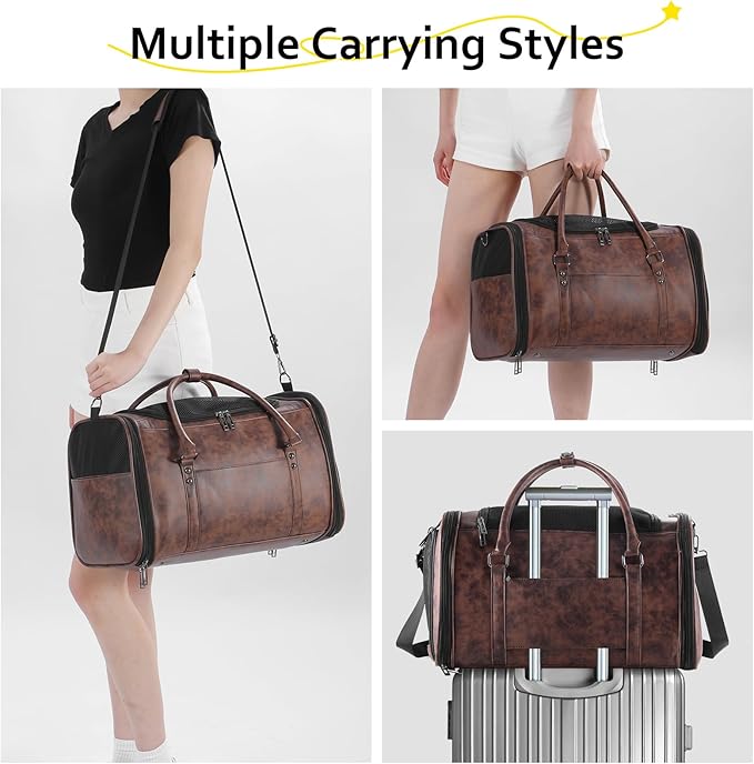 Stylish Leather Lightweight Air Travel Pet Carrier For Dogs & Cats