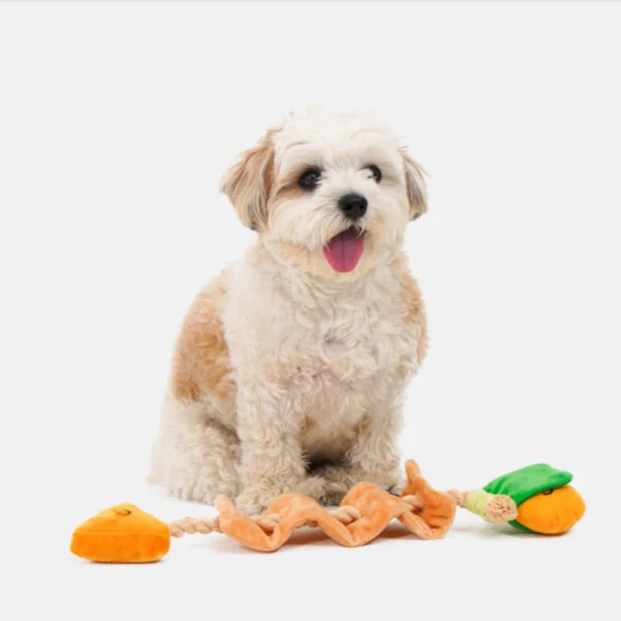 Japanese Oden Dog Toy: Cute Squeaky Plush Sniffing & Chew Toy with Rope Knots