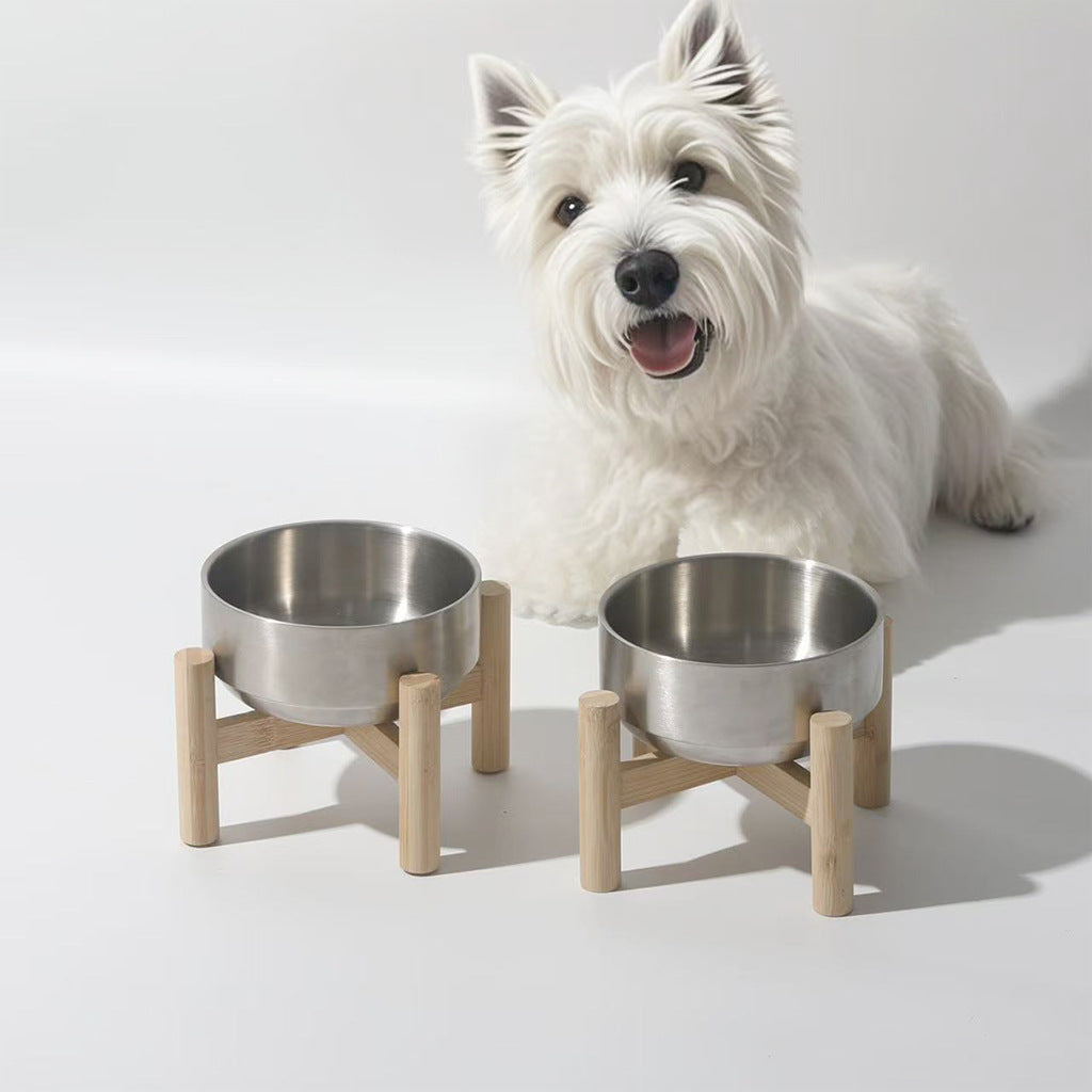 Stainless steel cat bowl with a raised wooden frame, cats are not easy to knock over pets, protect the cervical spine, drink water, and large capacity dogs have big mouths