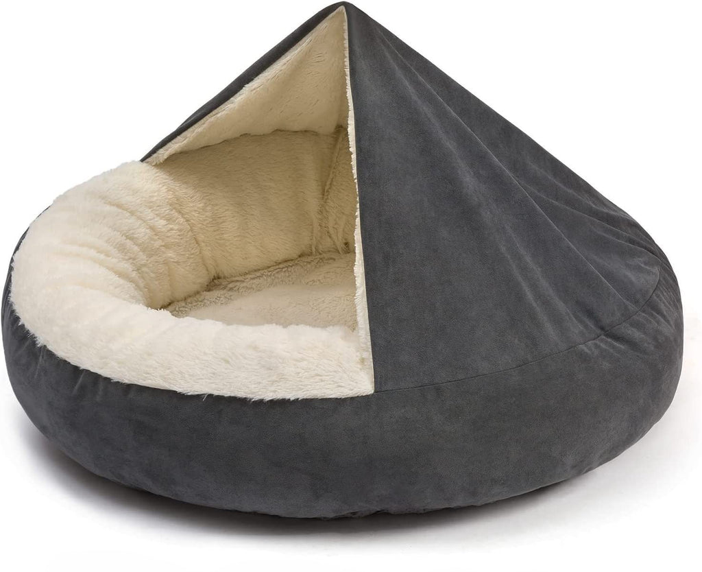 Cozy Hooded Cave Bed for Dogs & Cats - Beanbag Cuddler with Attached Blanket