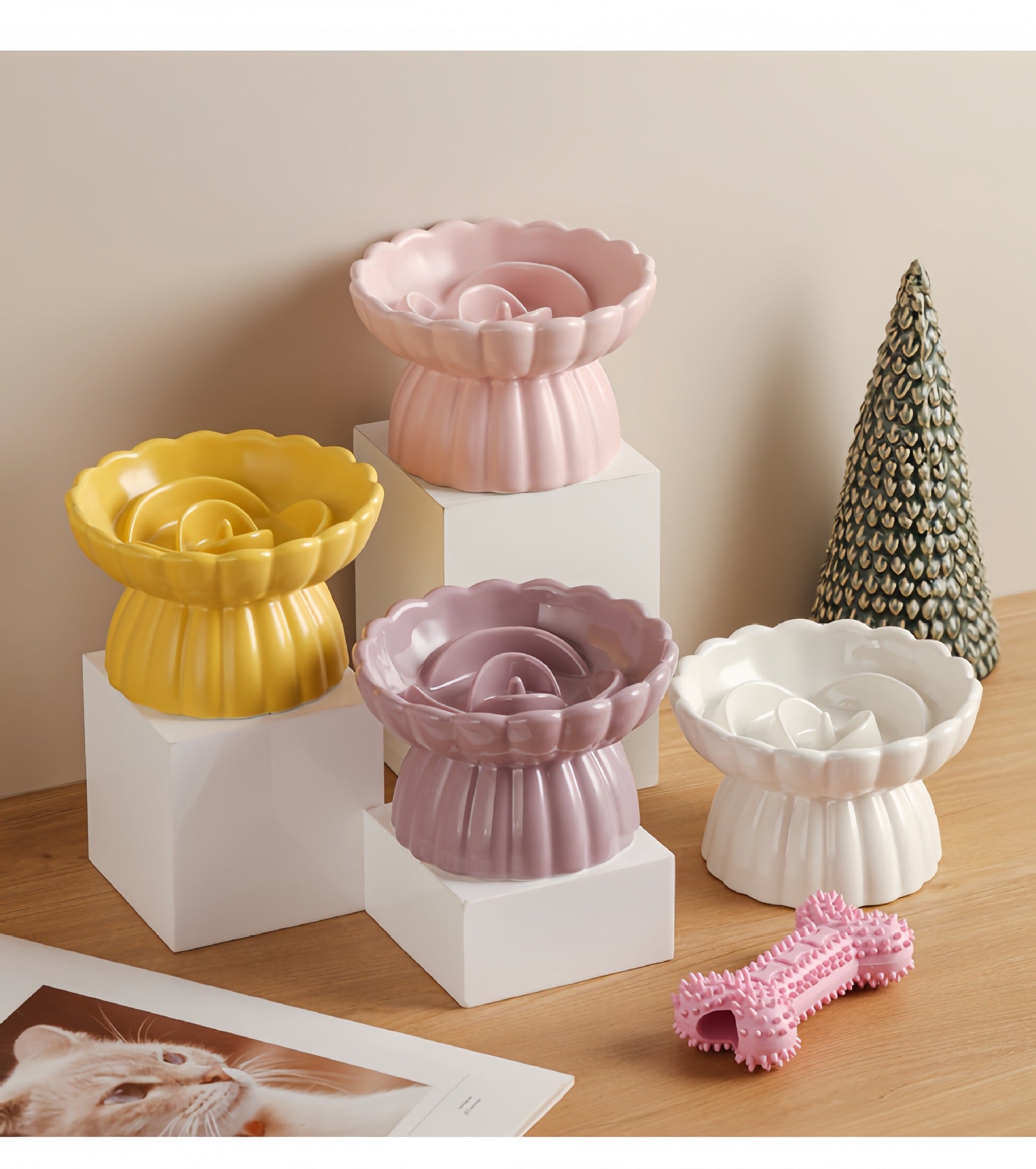 Slow Feeder Pet Bowl For Cats & Small Dogs - Elevated Ceramic Dish with Neck Support