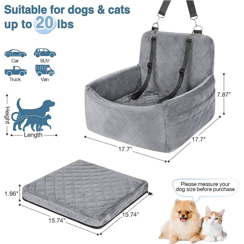 Detachable & Washable Dog Car Seat - Comfy Bed with 2 Safety Leashes