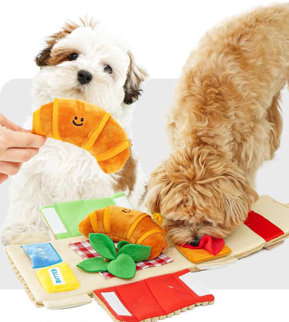 Korean pet toys croissant picnic box set plush toys sound Tibetan food cute interactive boredom relief toys