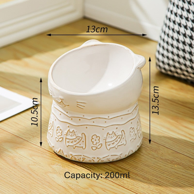 Japanese-Style Elevated Ceramic Pet Bowl - Ergonomic Slanted Design for Cats & Dogs 6.8oz 200ml