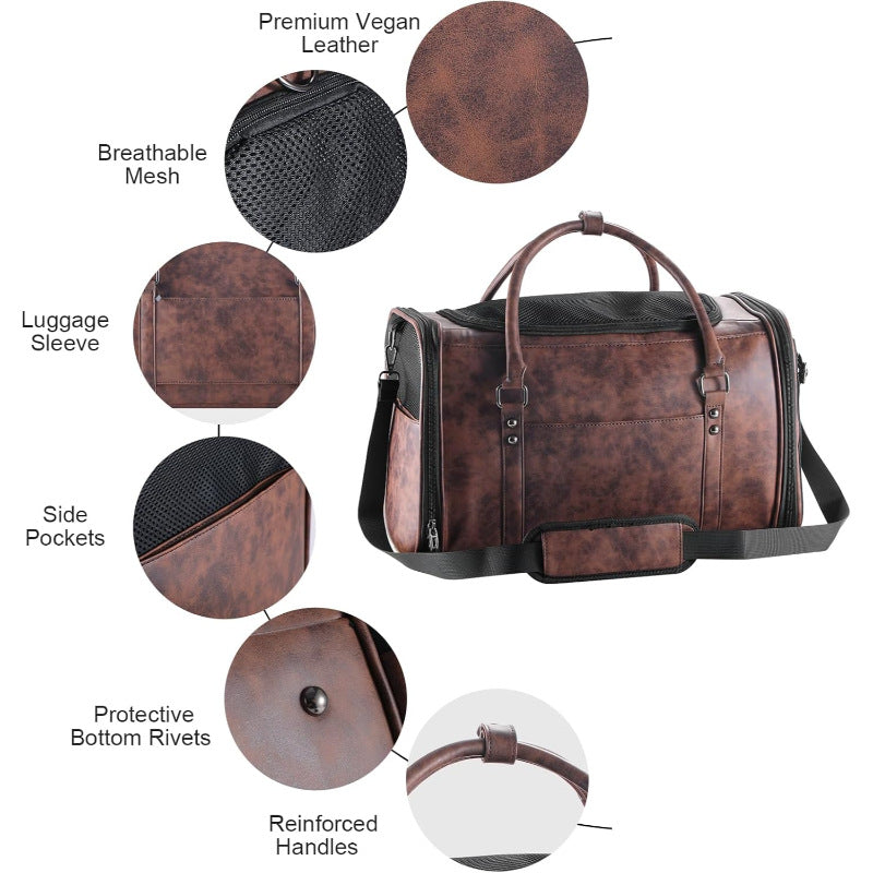 Stylish Leather Lightweight Air Travel Pet Carrier For Dogs & Cats