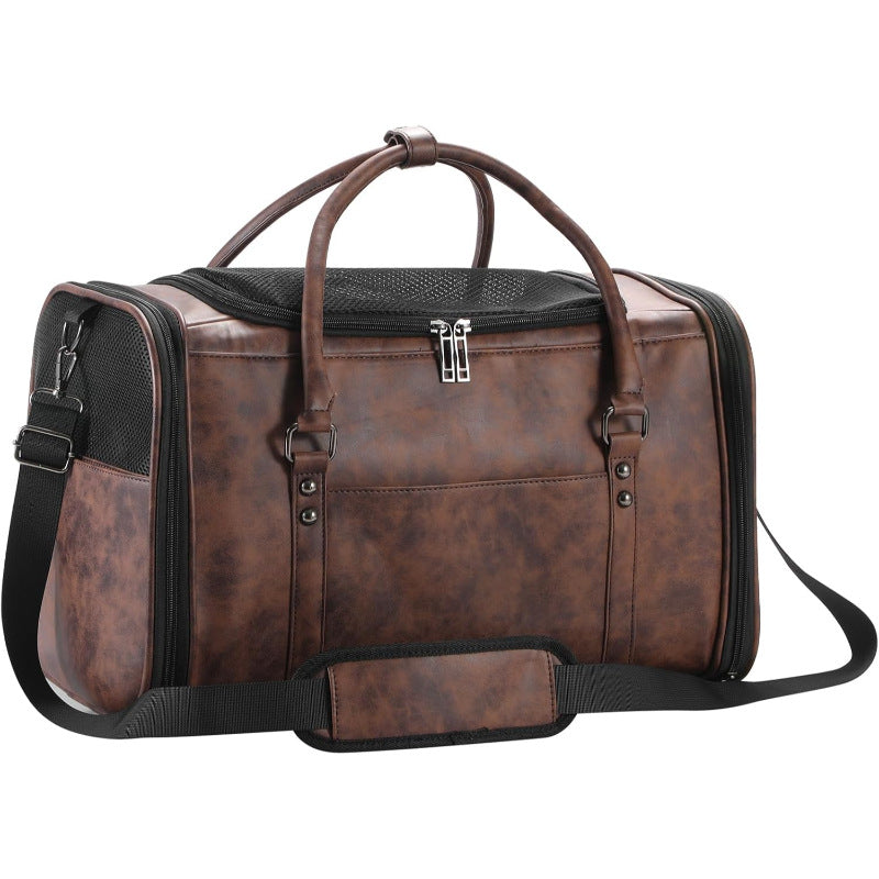 Stylish Leather Lightweight Air Travel Pet Carrier For Dogs & Cats