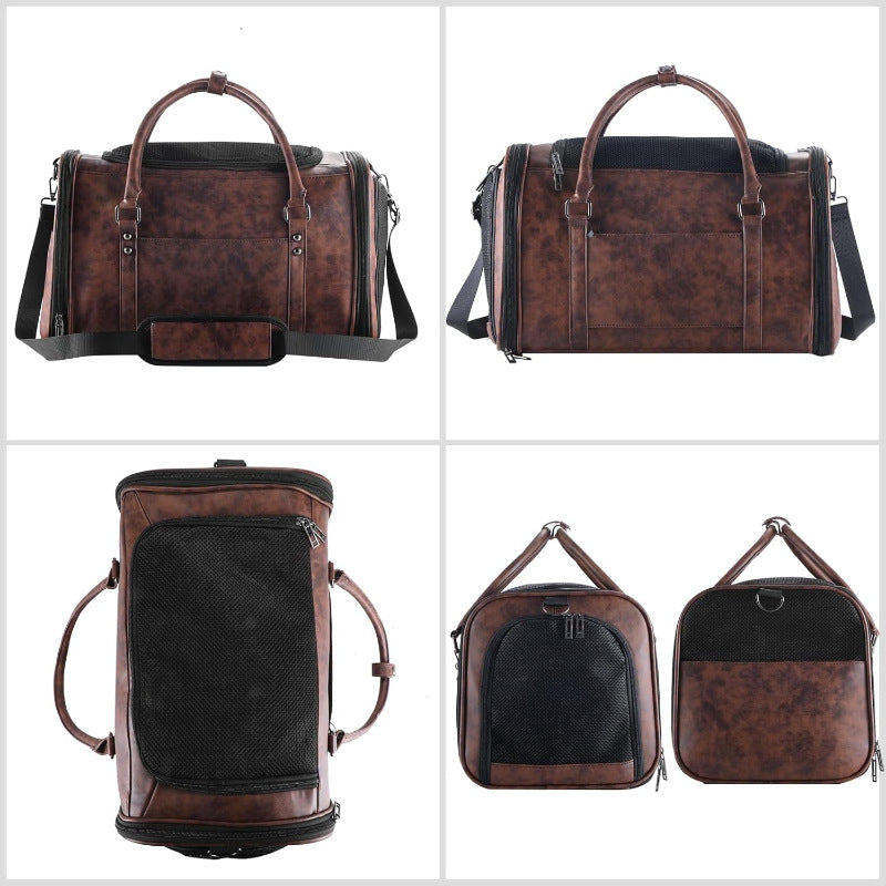 Stylish Leather Lightweight Air Travel Pet Carrier For Dogs & Cats