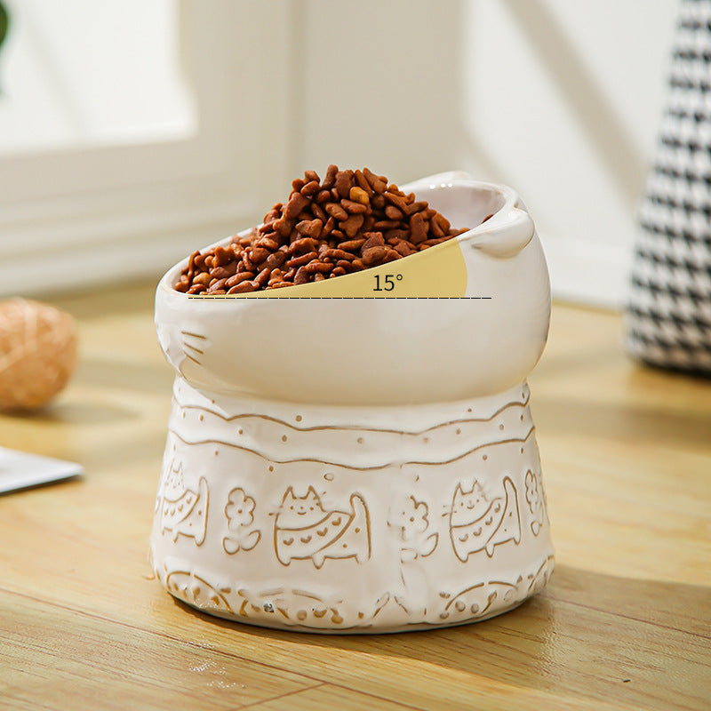Japanese-Style Elevated Ceramic Pet Bowl - Ergonomic Slanted Design for Cats & Dogs 6.8oz 200ml
