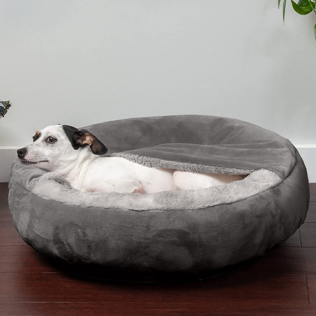 Cozy Hooded Cave Bed for Dogs & Cats - Beanbag Cuddler with Attached Blanket